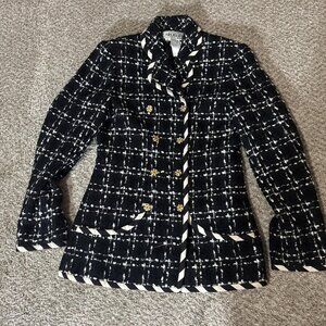 Vintage Carlisle Blazer Womens 8 Black Tweed Plaid Double Breasted Hong Kong 80s